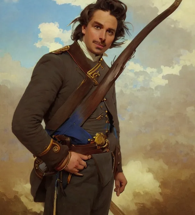 Prompt: candid portrait of a man with brown wavy hair and glowing bright blue eyes, surrounded by blue energy, powering up, wearing a blue traditional colonial military jacket, intricate, holding a spear, highly detailed, digital painting, artstation, concept art, sharp focus, cinematic lighting, illustration, art by artgerm and greg rutkowski, alphonse mucha, cgsociety