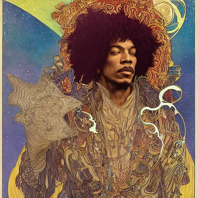 Image similar to artwork by Franklin Booth and Alphonse Mucha and Edmund Dulac showing a portrait of Jimi Hendrix as a futuristic space shaman, futuristic electric guitar, star map, smoke, platonic solids