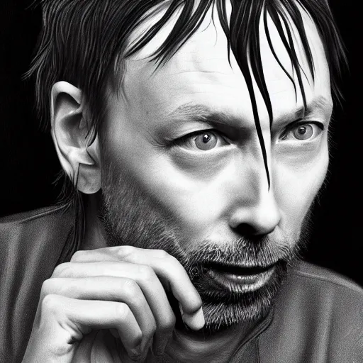 Image similar to thom yorke eating at mcdonalds, portrait, highly detailed, deep focus, elegant, digital painting, smooth, sharp focus, illustration, ultra realistic