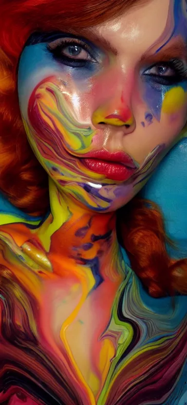 Image similar to 3 d female body silhouette sleeping in marbling liquid acrylic fluid, cinestill, bokeh photography, photography by amy leibowitz and volfgang schneider, bodypainting, painting by morava and goldalh, artstation, epic concept art, beautiful female face matte painting