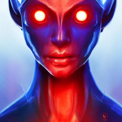 Prompt: Portrait of a tall blue alien, red glowing eyes, hairless, futuristic biosuit, intricate, cinematic lighting, highly detailed, digital painting, artstation, concept art, smooth, sharp focus, illustration, art by Artgerm and Cgsociety
