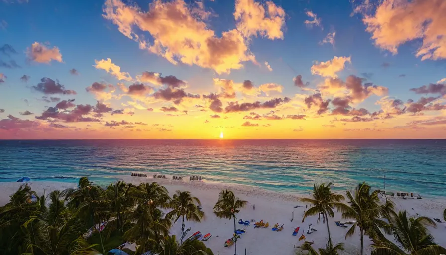 Image similar to miami hotels by leonardo da vinci, unreal engine, digital art, drone photography, sunset, sharp focus, beach, vivid color, clear sky