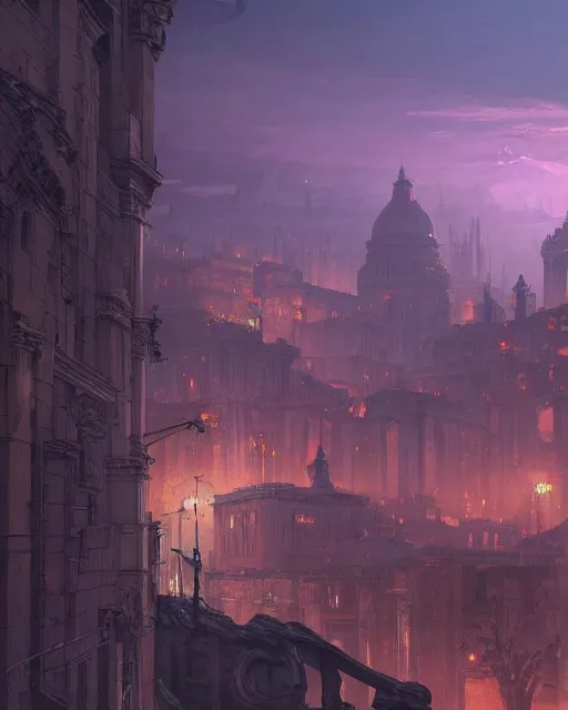 Prompt: the eternal city, city of secrets, purple alien buildings, environment art, fantasy art, landscape art, in the style of greg rutkowski, illustration, epic, fantasy, intricate, hyper detailed, artstation, concept art, smooth, sharp focus, ray tracing