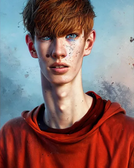 Image similar to portrait of tall, thin, 1 5 - year - old boy with a long nose, a lot of freckles, fiery red hair, and bright blue eyes, hyper realistic face, beautiful eyes, fantasy art, in the style of greg rutkowski, intricate, hyper detailed, smooth