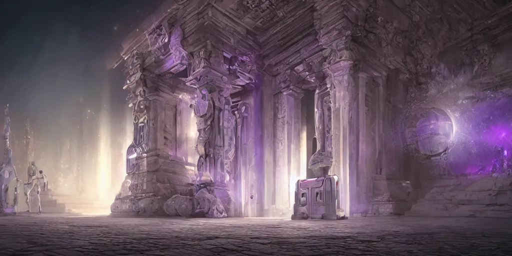 Image similar to a digital painting of a robot made of white stone, purple crystal inlays, by jonas de ro, keeping the entrance of a sanctum, cinematic lights, at dawn, unreal engine, attestation, deviantart