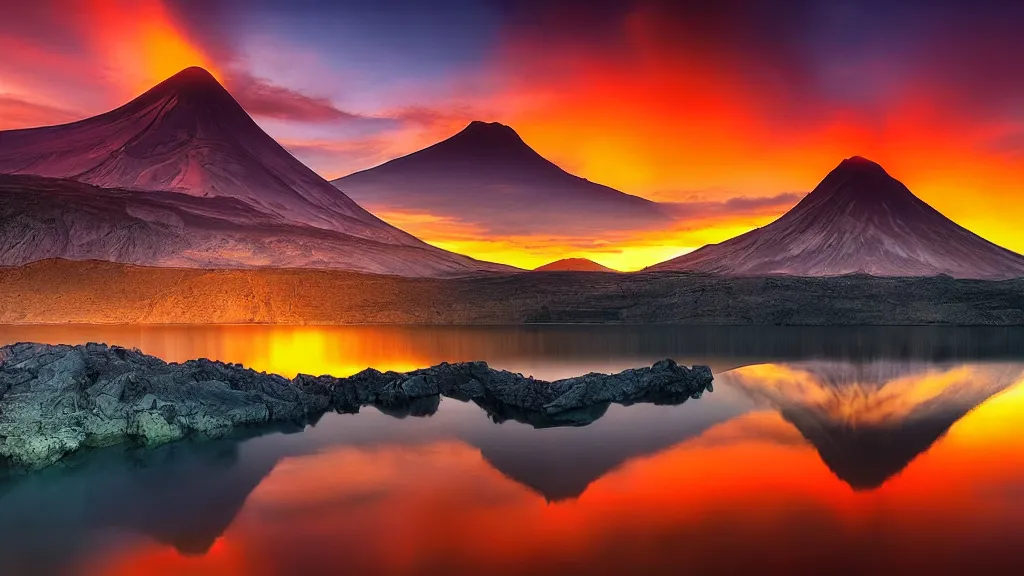 Image similar to amazing landscape photo of a volcano with lake in sunset by marc adamus, beautiful dramatic lighting