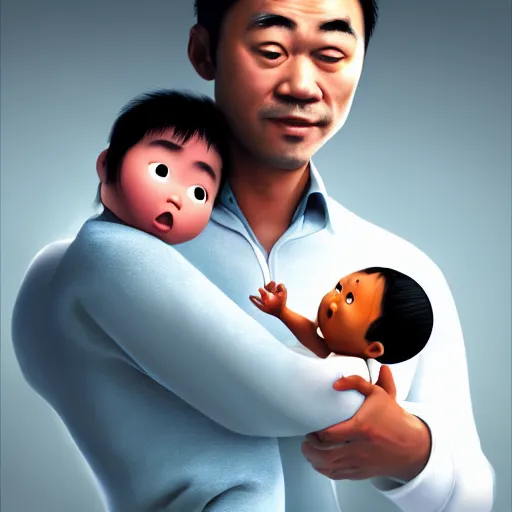 Prompt: asian man looks totally confused as he holds a black baby at the hospital, artistic render, pixar art, trending on artstation