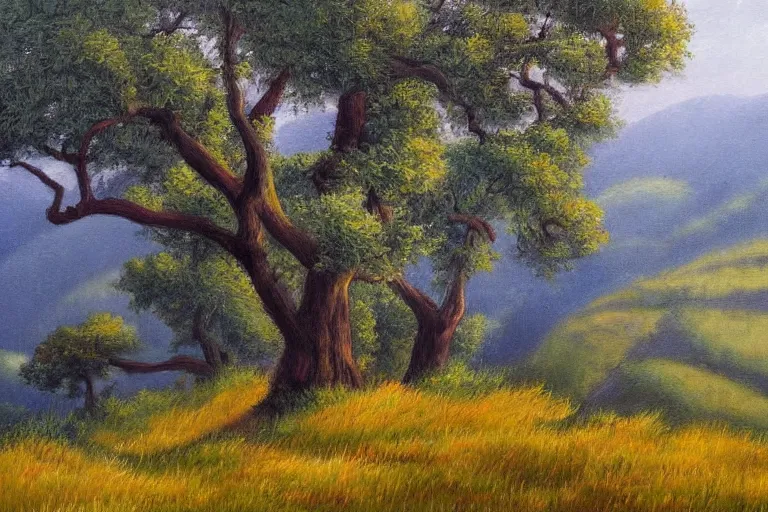 Image similar to masterpiece painting of oak trees on a hillside overlooking a foggy valley, by marion wachtel