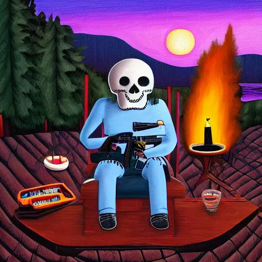 Image similar to very detailed and perfectly readable fine and soft relevant out of lines soft edges painting, manny calavera sitting with a rifle, in a cabin, on a lake, sunrise, grim fandango style,