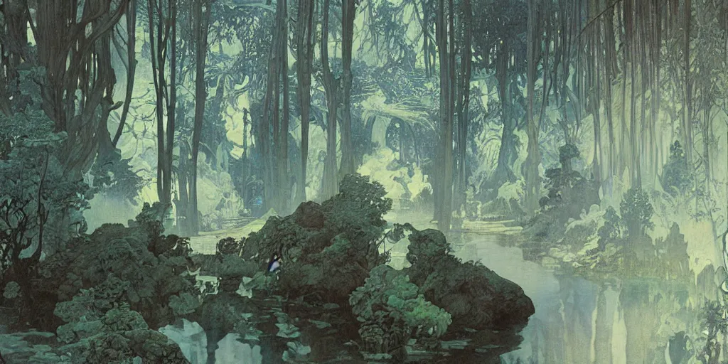 Image similar to ghost river eery atmosphere blue - dark pallete beautiful artwork matte painting detailed painting by ferdinand knab by alphonse mucha by greg rutkowsky