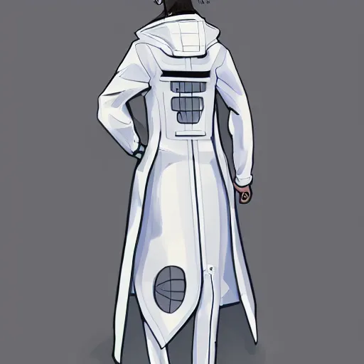 Image similar to futuristic sci - fi white trench coat, clothing design, illustration, 2 d game, anime