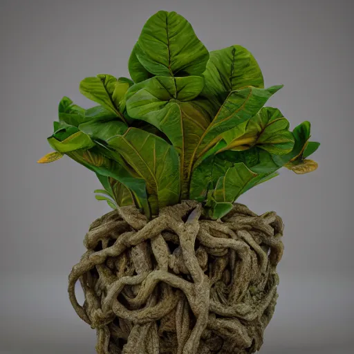 Image similar to medium shot mandrake root in a pot, wide leaves on a head, intricate hyper detailed ultra sharp sharp focus, global illumination, radiant light, alexandre ferra, irakli nadar, octane render, unreal engine, 4 k, ultra hd,