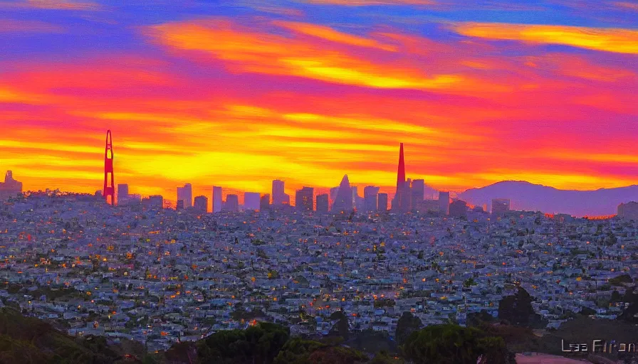 Prompt: sunset over the san francisco bay area by lisa frank