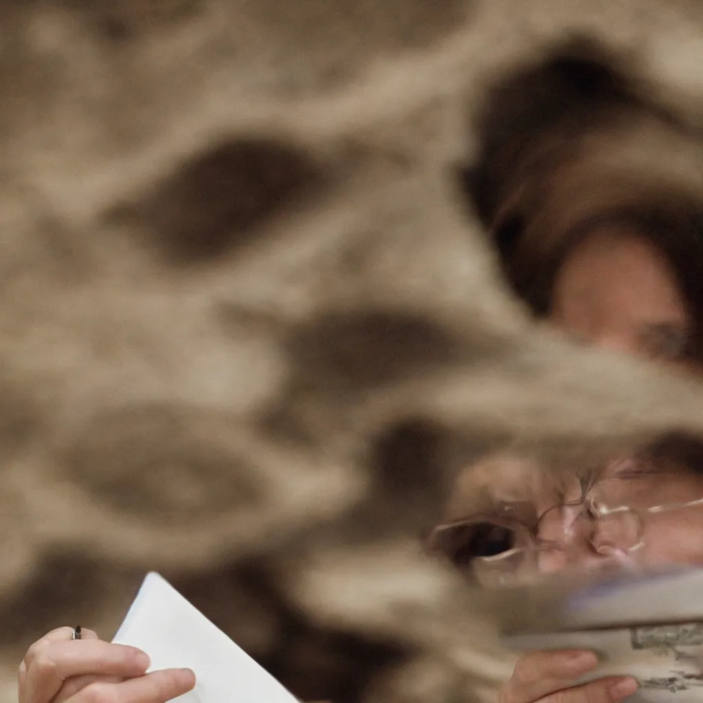 Prompt: An office lady reads the letters a book in a zoo cave, close-up, Annie Leibovitz, depth field, close-up