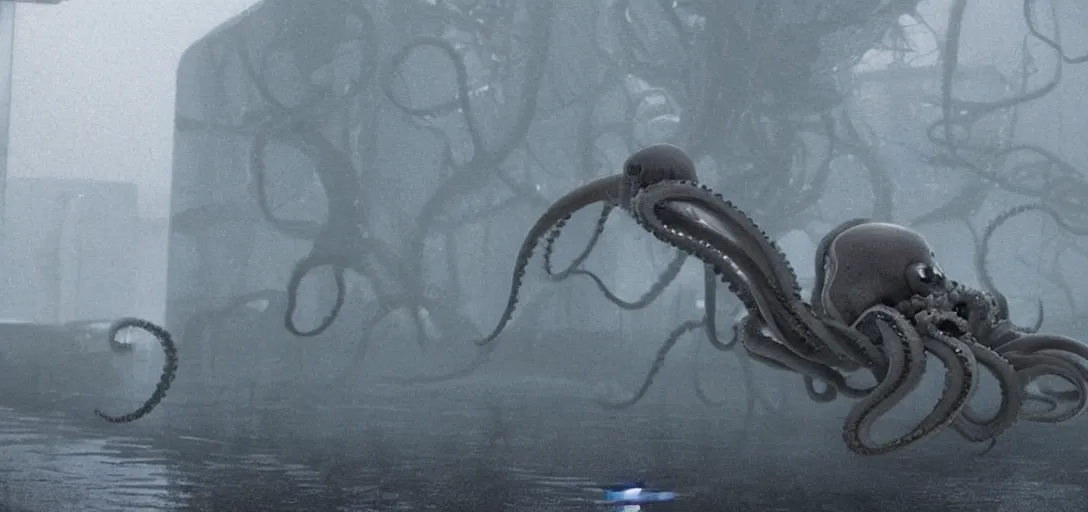 Prompt: a robotic octopus climbing out of a storm drain, foggy, cinematic shot, photo still from movie by denis villeneuve, wayne barlowe