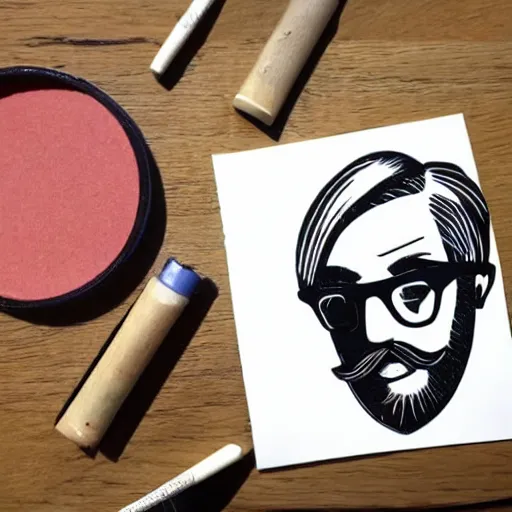 Prompt: hipster with manscaped eyebrows, feminine french guy with pouting lips, linocut