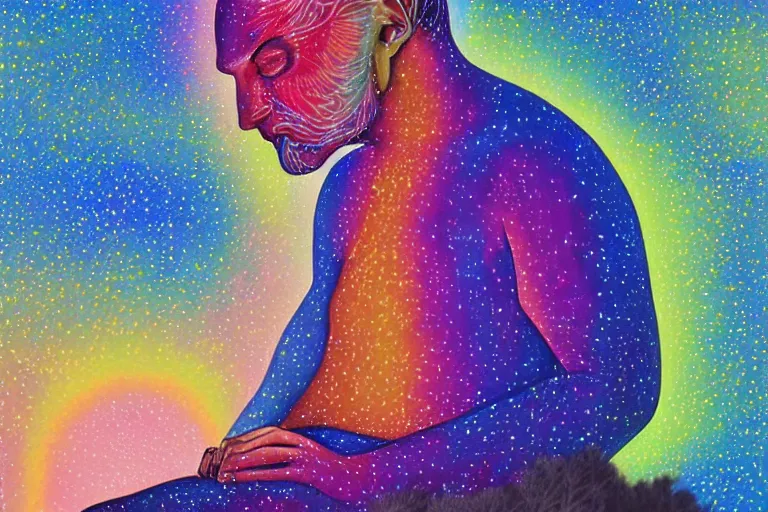 Image similar to digital art of a peaceful man looking up at the stars, sitting under a tree, glowing light, acrylic art, painting, pastel colors, alex grey,