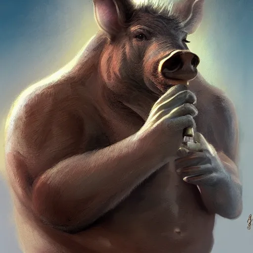 Image similar to a portrait of a boar wearing a white suit, muscular, smoking a cigar, gorgeous, intricate, elegant, volumetric lighting, scenery, high detail digital art, smooth, tony sart, randy vargas, sharp focus, illustration, concept art