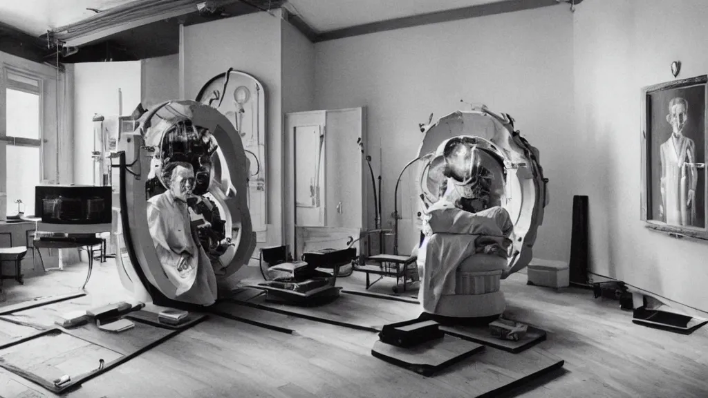 Image similar to an mri section of james cavell in the living room, film still from the movie directed by denis villeneuve with art direction by salvador dali, wide lens