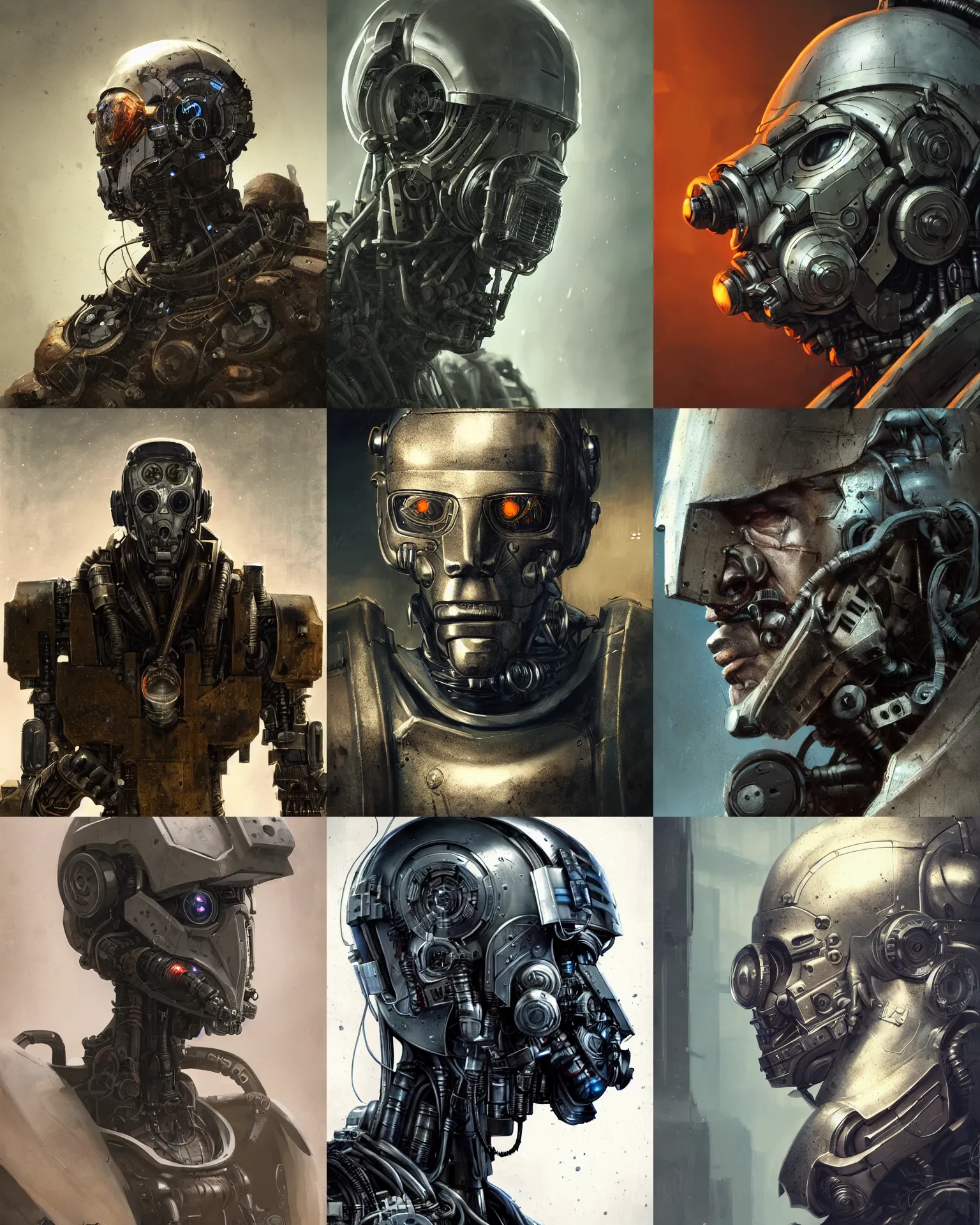 Image similar to a rugged engineer man with cybernetic enhancements doing research, detailed mask, scifi character portrait by greg rutkowski, esuthio, craig mullins, 1 / 4 headshot, cinematic lighting, dystopian scifi gear, gloomy, profile picture, mechanical, half robot, implants, steampunk