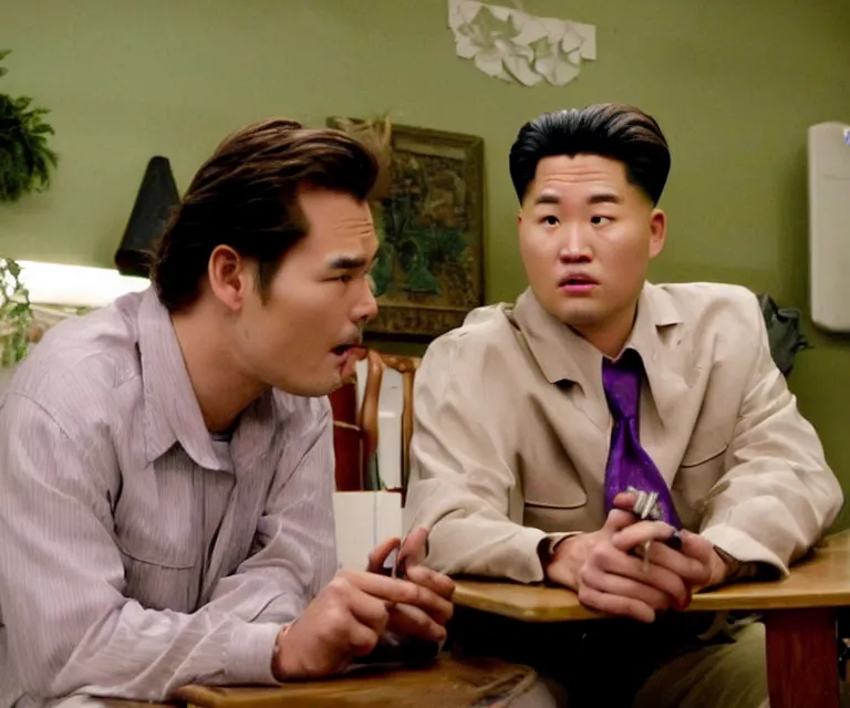 Prompt: hyperralism pineapple express ( 2 0 0 8 ) movie still photography of realistic detailed north korean kim chen with detailed face smoking reviewing detailed weed bush in detailed basement bedroom ultra violet light