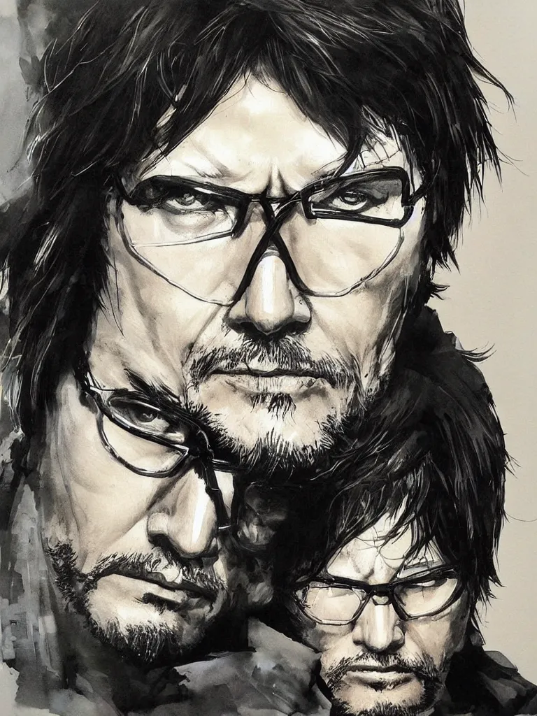 Image similar to “A centered portrait painting of hideo kojima by yoji shinkawa, trending on art station, metal gear solid”