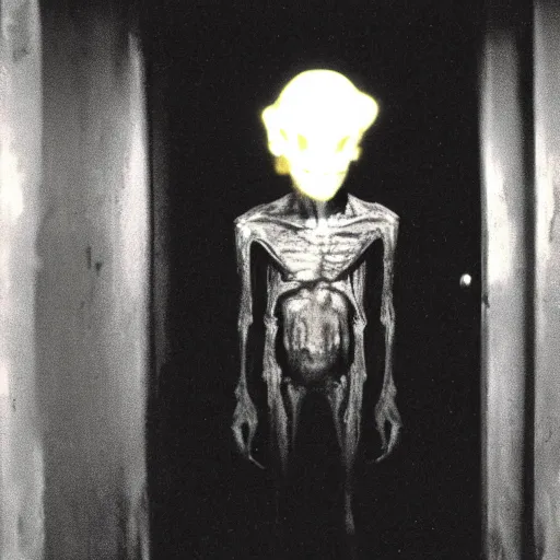 Prompt: a flash photo of creepy wendigo with an unnatural smile standing in a vantablack hallway from the horror movie rec, shaky camera, it is deformed and is staring at the camera from the end of a dark liminal hallway. caught on vhs, film grain, national geographic award winning photography,