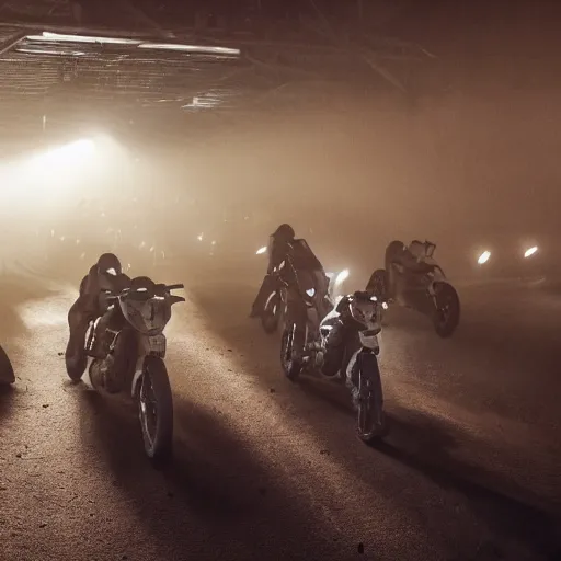 Prompt: photo, inside a brtualist dystopian futuristic race track, men riding on the backs of giant mutant ducks across a sand racetrack in a pit below a massive crowd of rowdy fans, moody and brutal, dramatic lighting, volumetric fog and haze, light beams, violent, 4 k, ultra - detailed, beautiful