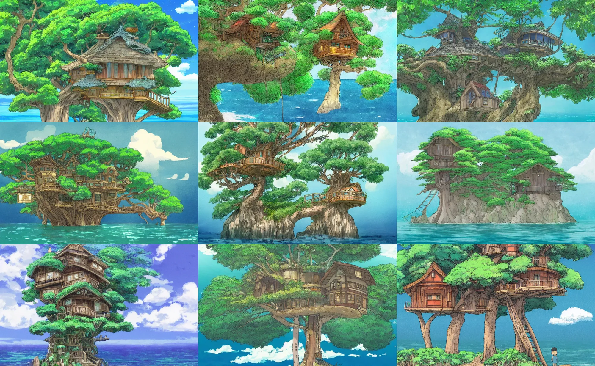 Prompt: studio ghibli style of a mystical island treehouse on the ocean