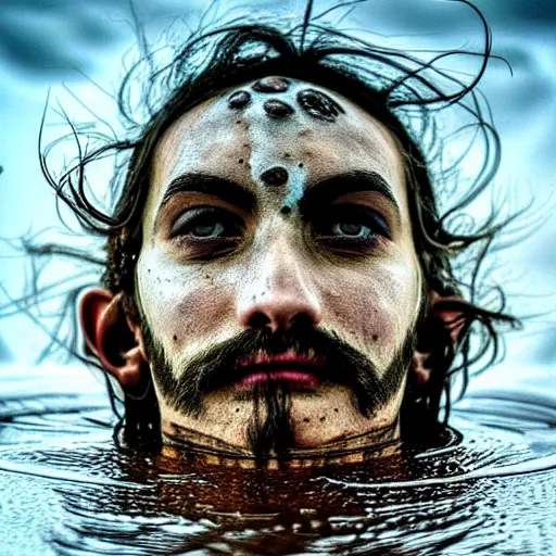 Image similar to three eyed hairy gods, third eye in middle of forehead, wide wide shot, photograph, wet hairy bodies, wet feet in water, bodies, soft colors, wet eye in forehead, pins, very detailed, wet eyes reflecting into eyes reflecting into infinity, beautiful lighting