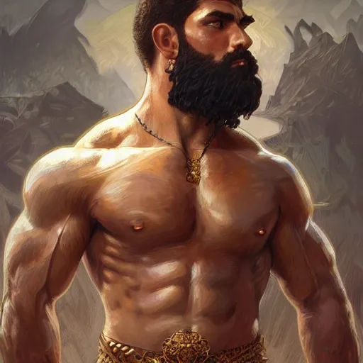 Image similar to fullbody portrait of hasan piker, muscular, upper body,big chest, amazon warrior, fantasy, intricate, elegant, highly detailed, digital painting, artstation, concept art, matte, sharp focus, illustration, art by Artgerm and Greg Rutkowski and Alphonse Mucha