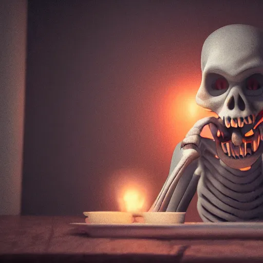 Prompt: smirking good goofy skeleton drinking tea. deep in a dark dungeon. realistic, ray tracing, render 3 d, artstation, masterpiece, hyper realism, sharp focus, dramatic ambient light, close up, cinematic, octane render, noir style