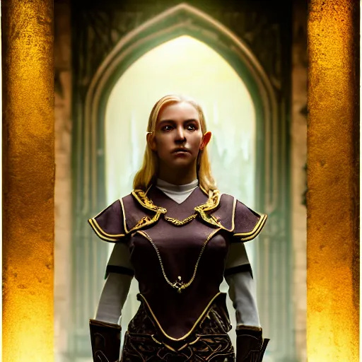 Image similar to the elder scrolls vi, charismatic regal blonde high elf female jarl, portrait, throne room, atmospheric lighting, painted, intricate, volumetric lighting, beautiful, daytime, sunny weather, slight overcast, sharp focus, deep colours, ultra detailed, by leesha hannigan, ross tran, thierry doizon, kai carpenter, ignacio fernandez rios