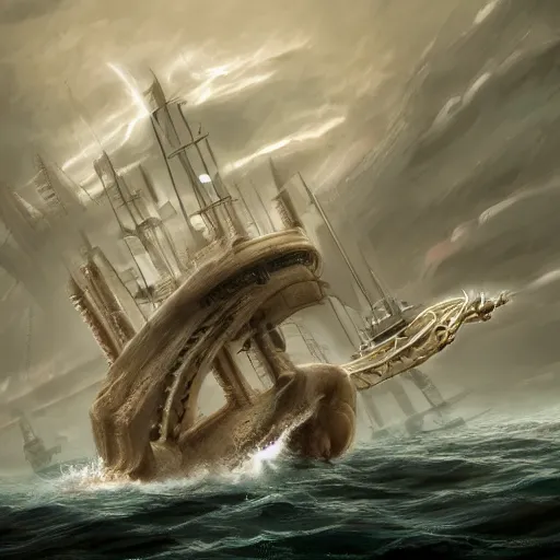 Prompt: a giant squid attacking a ship, its tentacles wrapping around the ship, tentacles coming out of the water, epic battle, trending on artstation, highly detailed, dramatic lighting