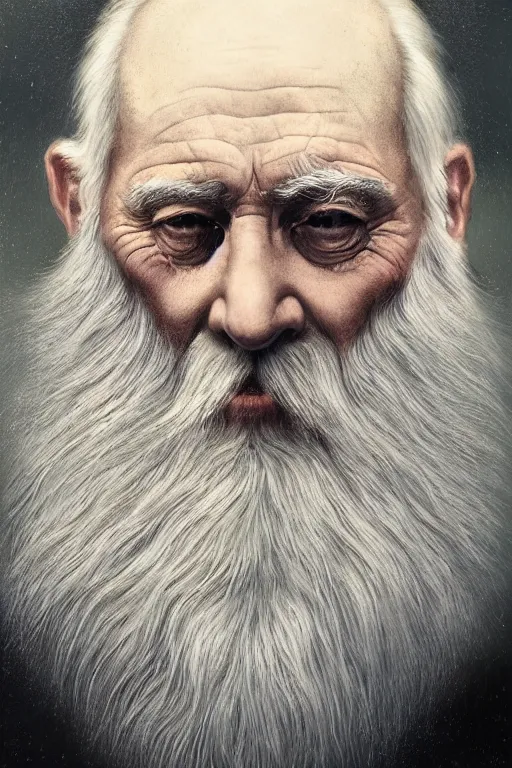 Image similar to a stunning ultra realistic fine art painting of a content old man with a long gray beard, peaceful and graceful, by tom bagshaw, studio portrait, muted colors, melancholic, catchlight in the eyes, 4K