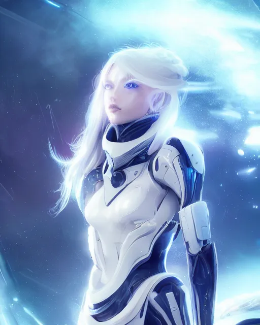 Image similar to perfect android girl on a mothership, warframe armor, beautiful face, scifi, futuristic, galaxy, nebula, raytracing, dreamy, long white hair, blue cyborg eyes, sharp focus, cinematic lighting, highly detailed, artstation, divine, by gauthier leblanc, kazuya takahashi, huifeng huang