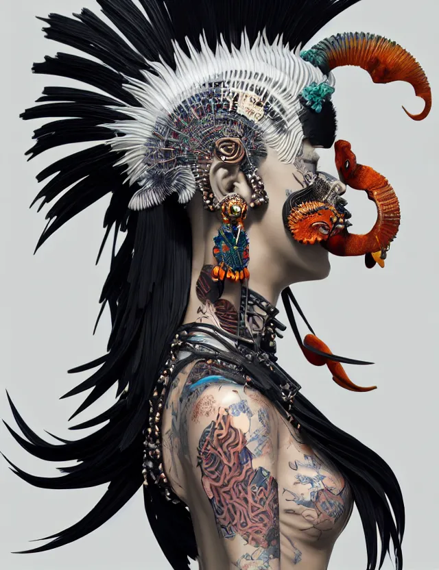 Image similar to 3 d goddess close - up profile portrait punk with mohawk with ram skull. beautiful intricately detailed japanese crow kitsune mask and clasical japanese kimono. betta fish, jellyfish phoenix, bio luminescent, plasma, ice, water, wind, creature, artwork by tooth wu and wlop and beeple and greg rutkowski