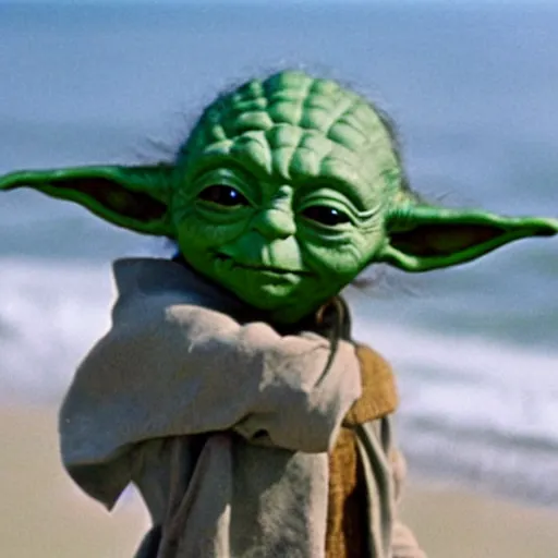 Prompt: a photo of yoda in a swimsuit at the beach