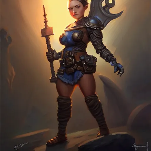 Prompt: muscular female gnome engineer artificer, iron gauntlets, short black hair, naval landscape, full body portrait, d & d, fantasy, intricate, elegant, highly detailed, digital painting, artstation, centred, rule of thirds, concept art, matte, sharp focus, illustration, cover by artgerm, art by greg rutkowski