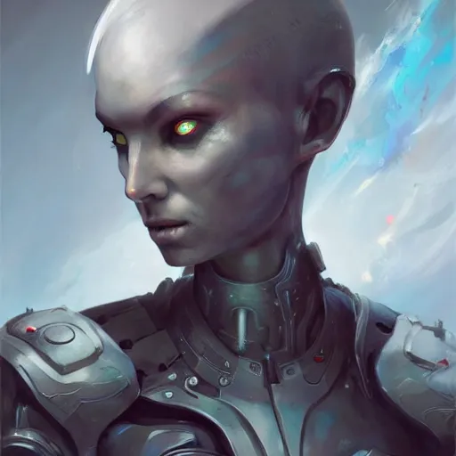 Image similar to portrait rough female cyborg, short white punk hair, wearing futuristic military body armor, art by pete mohrbacher and seb mckinnon and beksinski and josan gonzales, digital art, highly detailed, intricate, sci-fi, sharp focus, Trending on Artstation HQ, deviantart, unreal engine 5, 4K UHD image