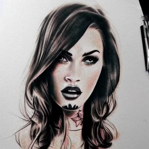 Image similar to tattoo design sketch of megan fox mash up effect with beautiful mountain scenery, in the style of matteo pasqualin, amazing detail