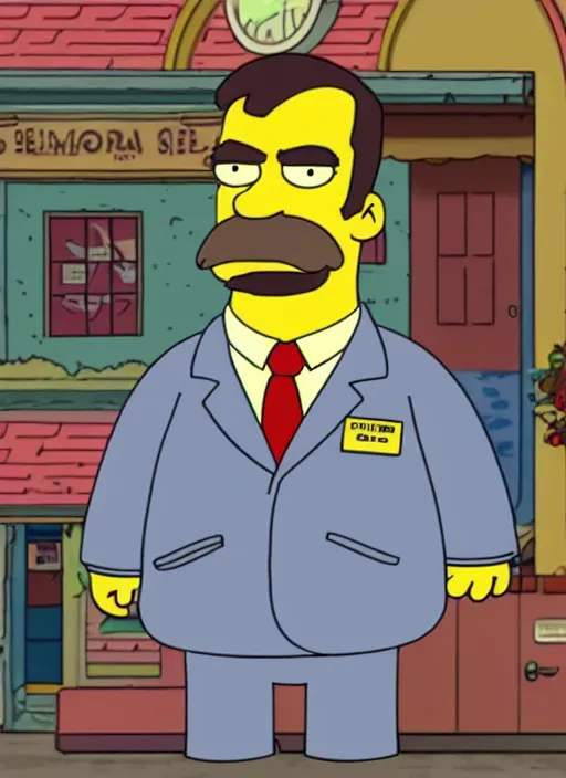 Image similar to film still of tom selleck as a simpsons character, gameplay, 8 k, hd