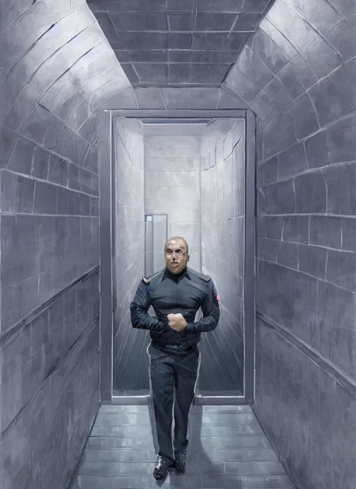 Prompt: portrait of a handsome hunky security guart in a futuristic prison. art by denys tsiperko and dan dos santos. detailed, hyperrealism, 8 k resolution