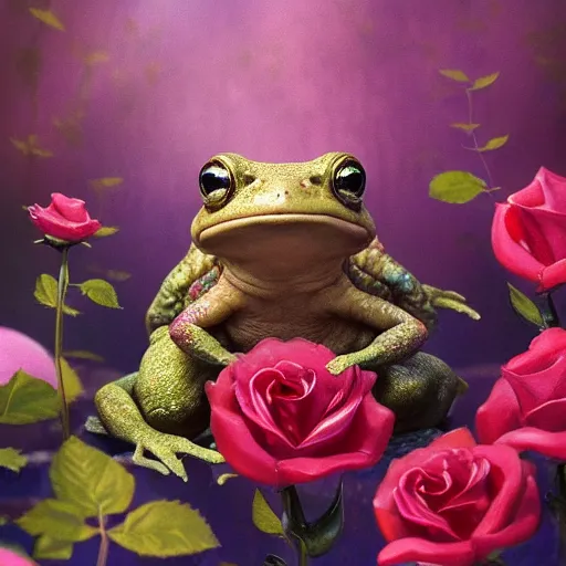 Image similar to soulful long shot of a crazy toad baby sitting in a rose blossom, by esao andrews, by m. w. kaluta, ultra humorous illustration, small depth of field, perspective perception, volumetric light, psychedelic colors, 3 d octane render, 8 k, conceptart, hyperdetailed, hyperrealistic, trending on artstation