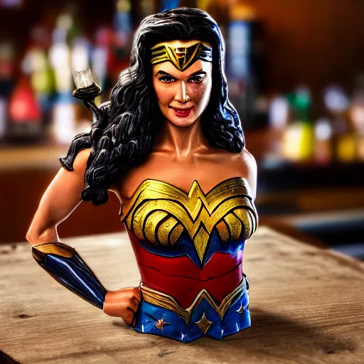 Prompt: a closeup photorealistic photograph of a wonder woman style tiki mug placed on a trader vic's bar featuring wonder woman's face. tiki theme. bright scene. fine detail. this 4 k hd image is trending on artstation, featured on behance, well - rendered, extra crisp, features intricate detail, epic composition and the style of unreal engine.