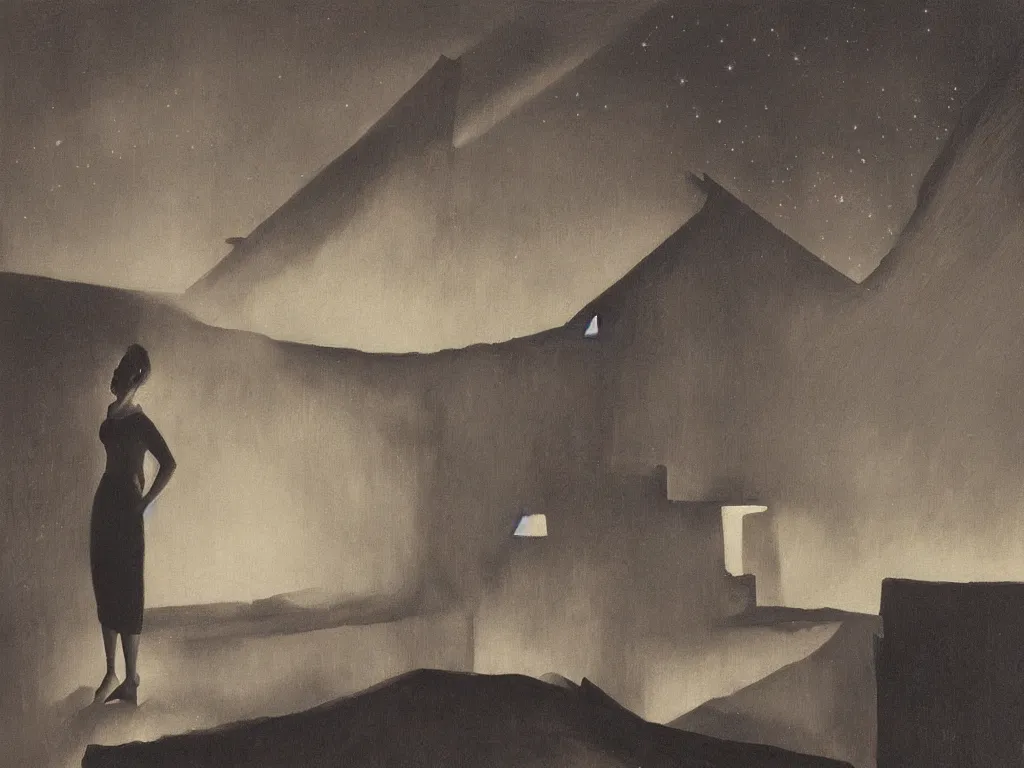 Prompt: Woman looking at her home burning. Charred wood beams, thick smoke. Melancholic landscape, stars. Painting by Kay Sage, Georges de la Tour