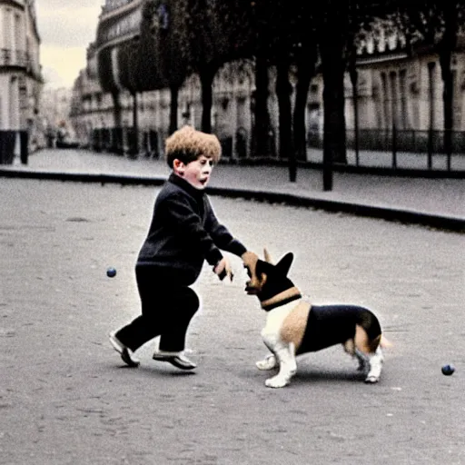 Image similar to a french boy on the streets of paris playing football against a corgi, the dog is wearing a polka dot scarf, book illustration, 1 9 6 6