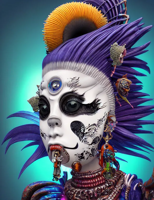 Image similar to 3 d photo realistic goddess close - up profile portrait punk with mohawk with ram skull. beautiful intricately detailed japanese crow kitsune mask and clasical japanese kimono. betta fish, jellyfish phoenix, bio luminescent, plasma, ice, water, wind, creature, artwork by tooth wu and wlop and beeple and greg rutkowski