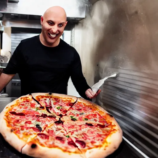 Prompt: a bald black is putting a pizza in the oven while the restaurant owner is yelling at him
