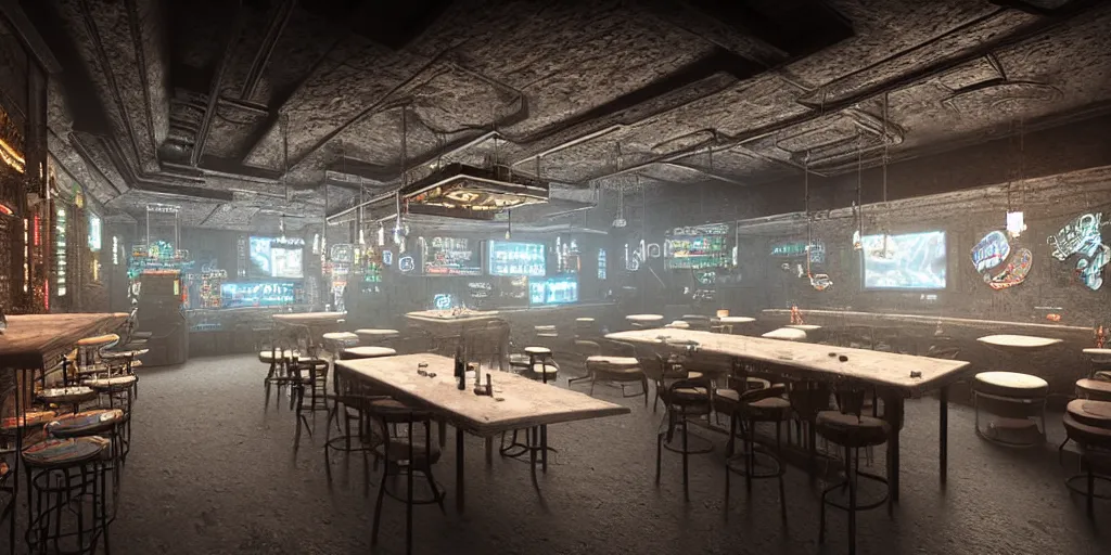 Image similar to Highly detailed realistic photo interior design in style of blend contemporary aesthetics by JAMIE BUSH and Josan Gonzalez of detailed cyberpunk tavern with stone walls and neon lights, a lot of electronics and people, many details by Hiromasa Ogura. a lot of Natural white sunlight from the transperient roof. Rendered in VRAY